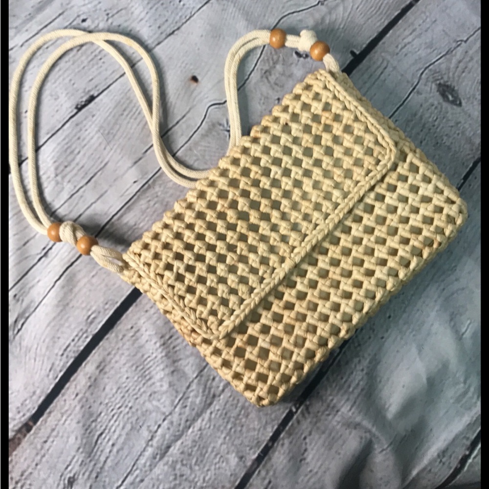 Vintage Natural Woven Straw Bag with Beads